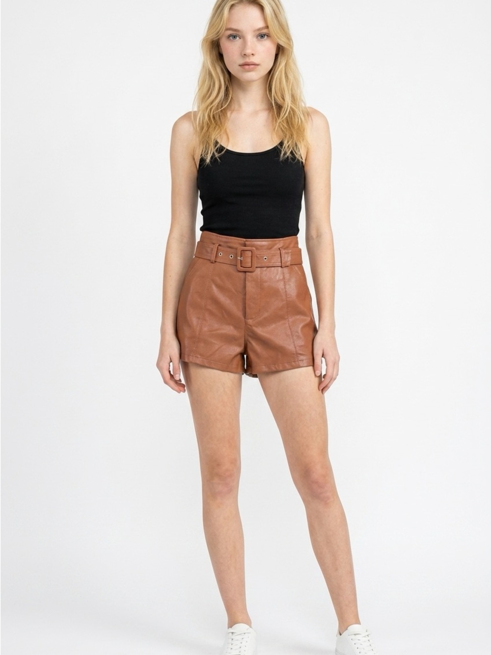 Altar'd State Cognac High-Waist Faux Leather Belted Shorts